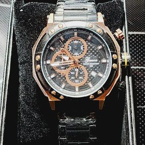 Multi-Functional Quartz Movement Watch in ION Plated Rose Gold & black stainless